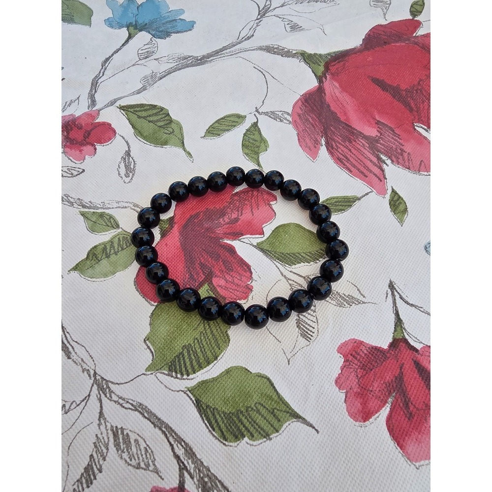 Black Onyx Round Bead Stretch Bracelet Natural Stone Minimalist Jewelry 6.75in